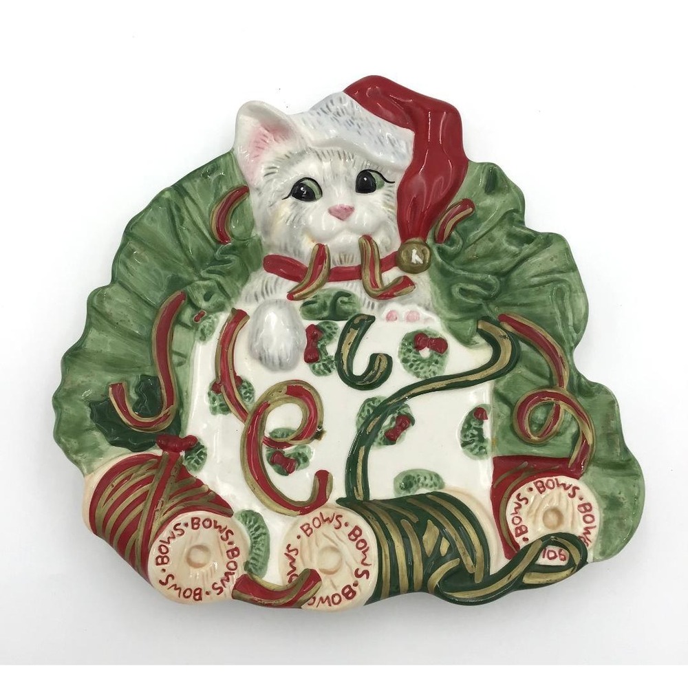 Vintage Fitz and Floyd Ceramic Christmas Plate Set Santa Claus & Holiday Kitten - Picture 12 of 14